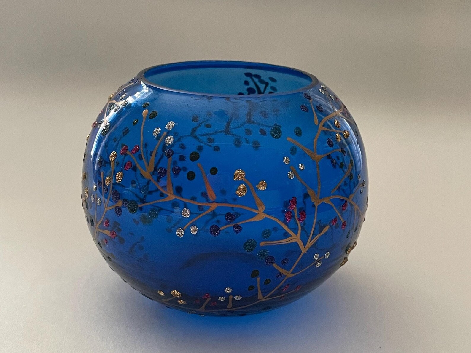 Royal Blue Glass Floral Candleholder